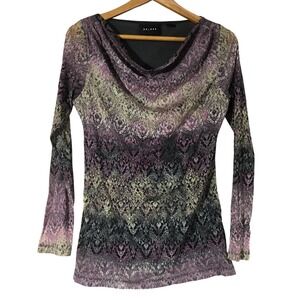 Axcess Long Sleeve Cowl Neck Sheer Mesh Print Top‎ Ombre Purple Green Black Y2K